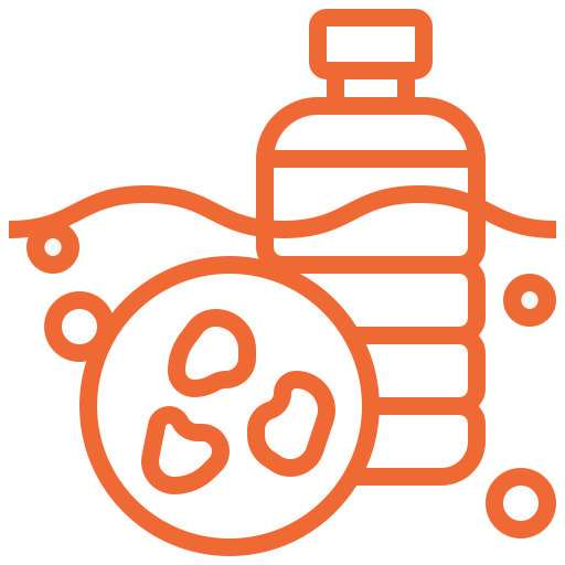 Orange line drawing of a plastic bottle and a recycling symbol.