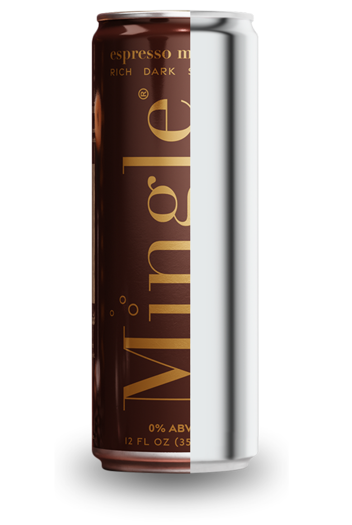 An aluminum can half-covered with a brown 'Mingle' espresso martini label against a white background.