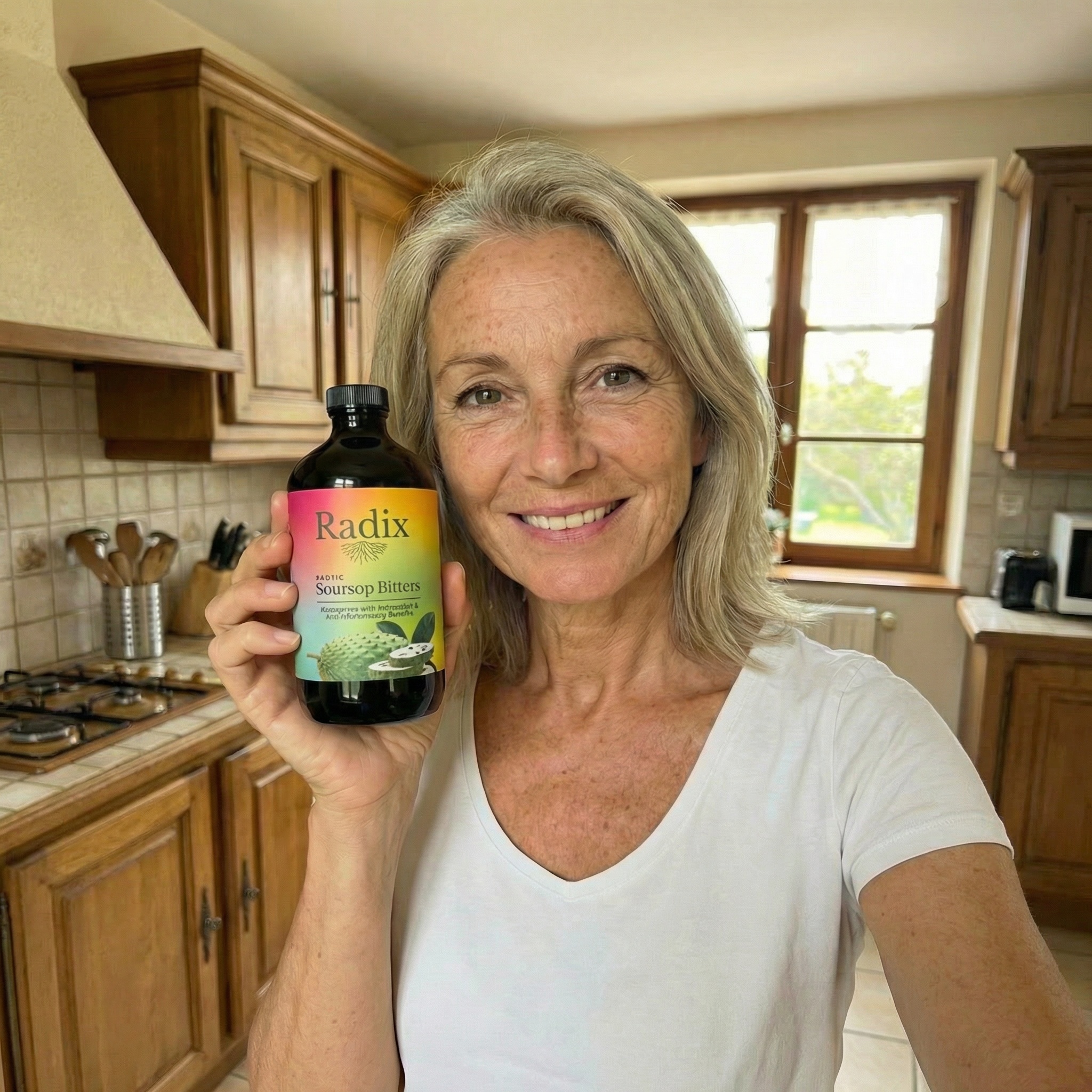 A smiling woman with gray hair holds a bottle of Radix Soursop Bitters in a kitchen.