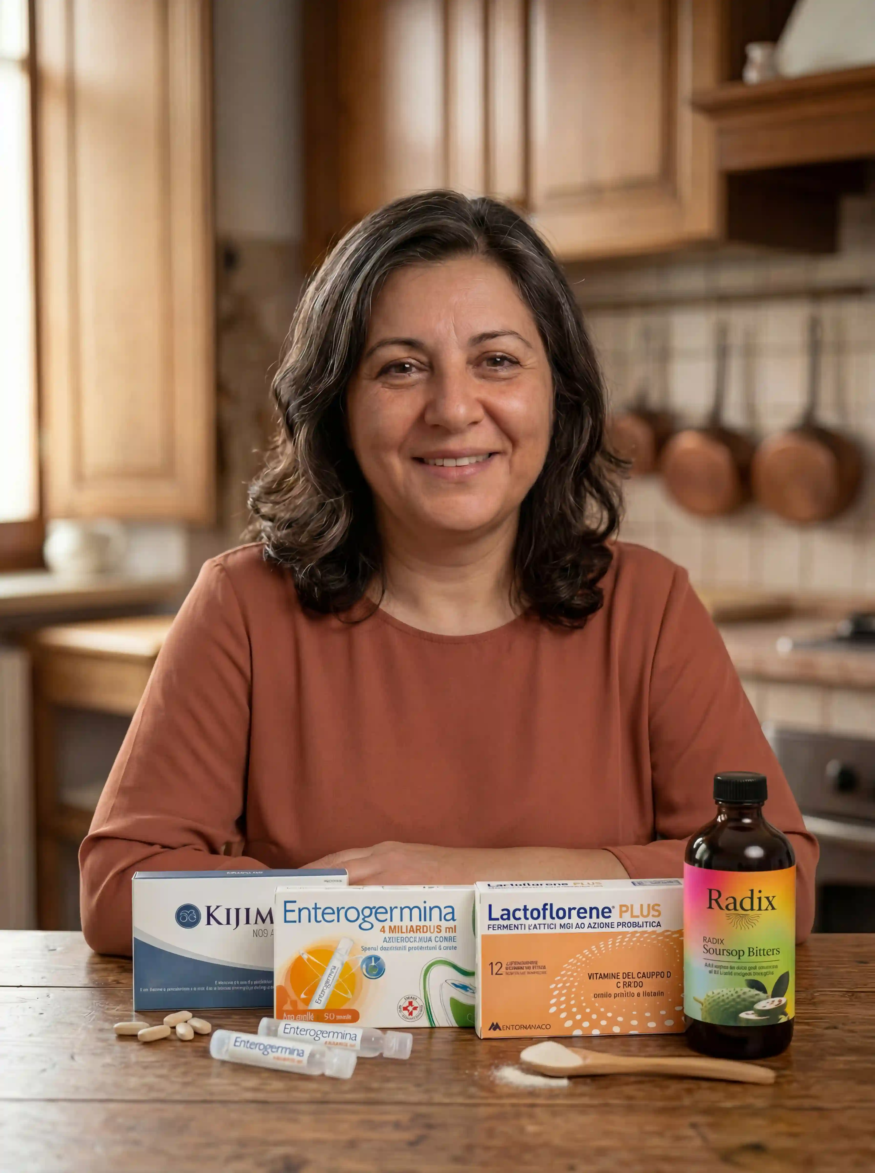 A smiling woman with long, graying hair holds a bottle of Radix Soursop Bitters.