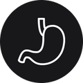 A white line-art icon of a human stomach inside a dark gray circle.