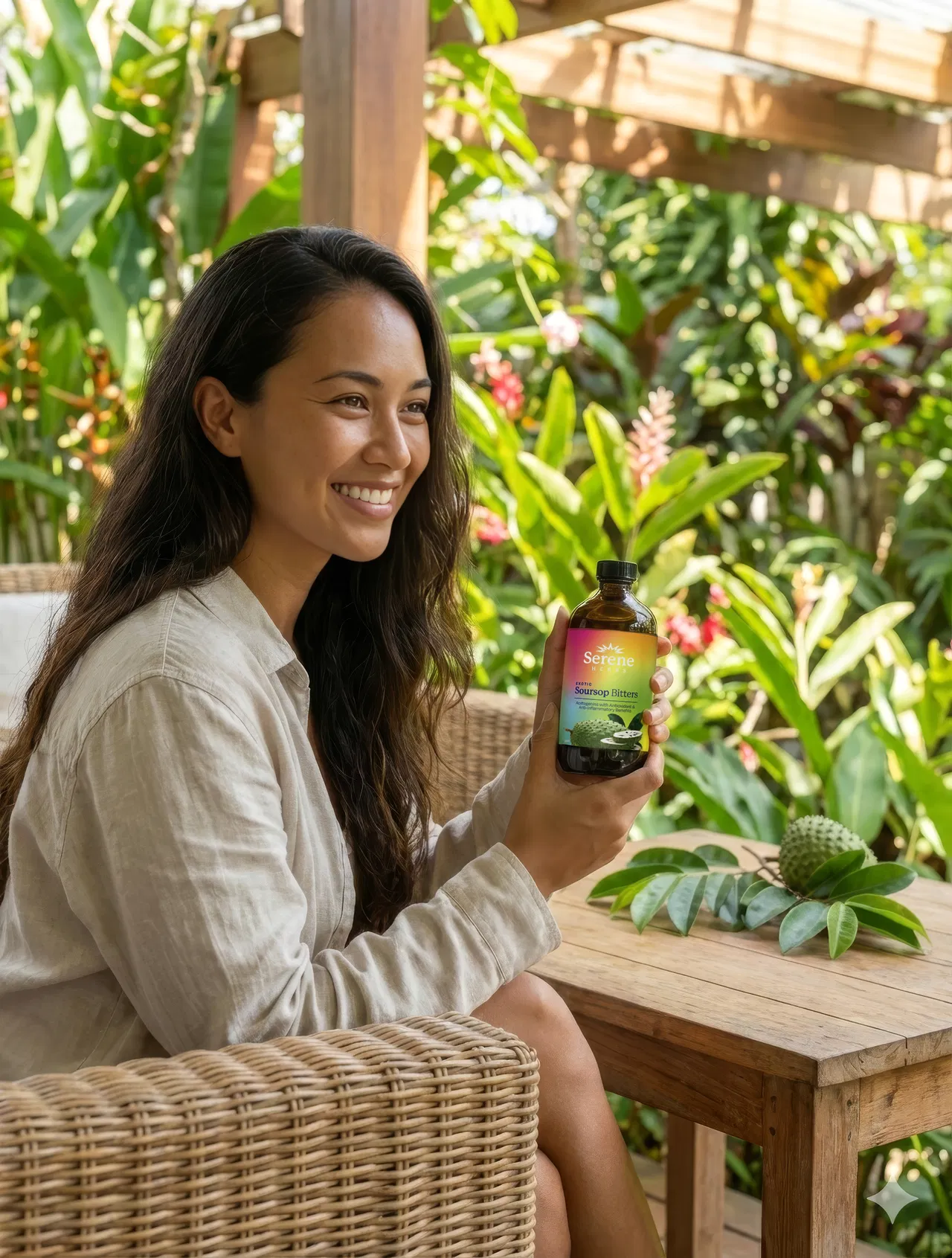 A smiling woman sits in a wicker chair holding a bottle of Soursop Bitters in a lush garden.