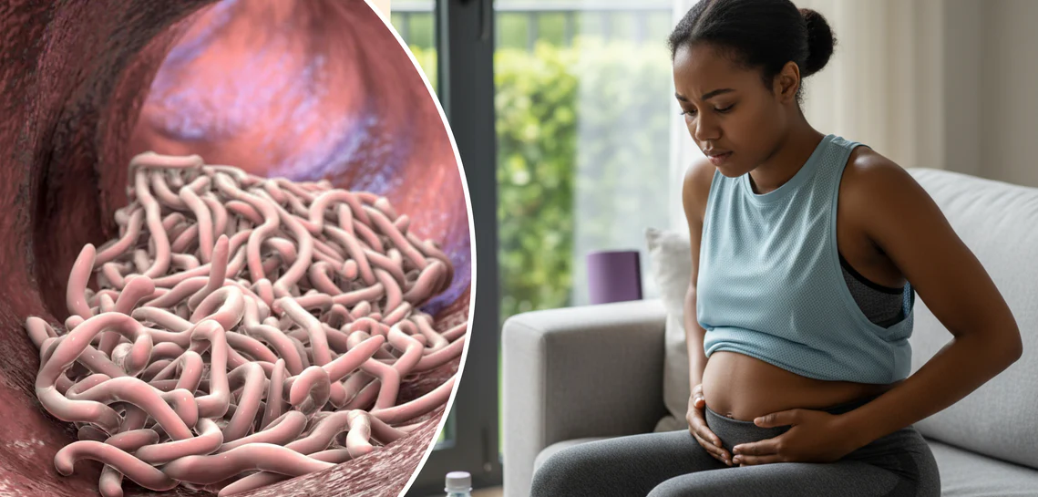 A composite image of intestinal worms next to a pregnant woman holding her stomach in discomfort.