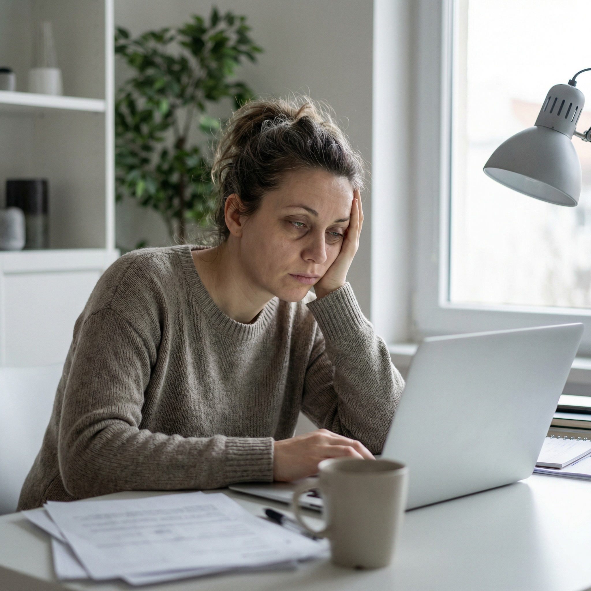 A tired-looking woman in a sweater rests her head on her hand while sitting at a desk with a laptop.