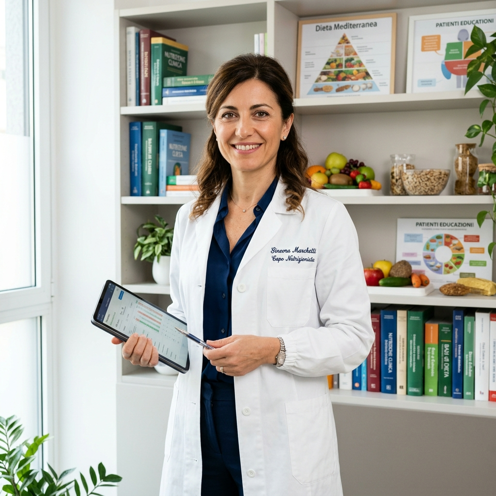 A smiling woman in a lab coat stands in an office holding a tablet, with bookshelves behind her.