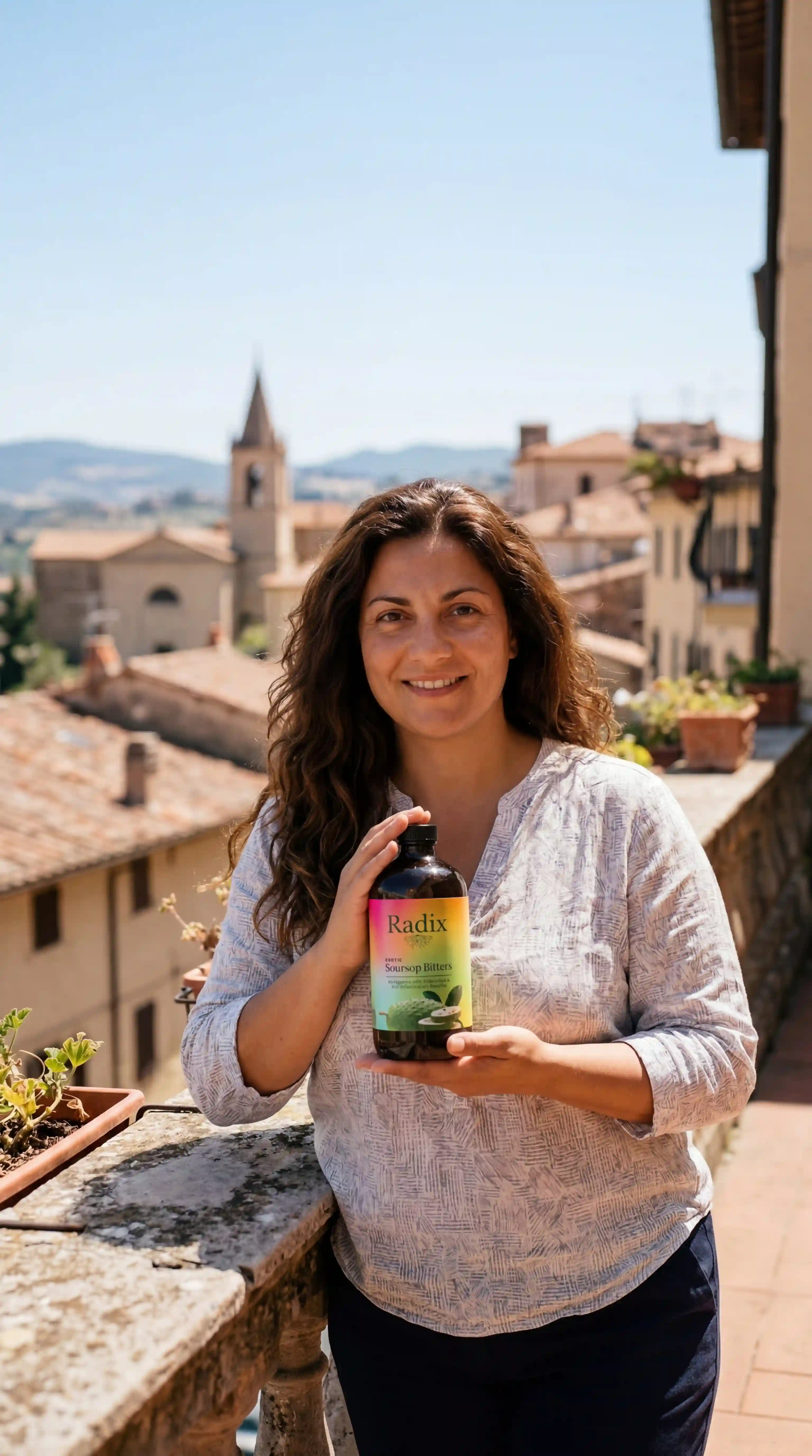 A smiling woman holds a bottle of Radix Soursop Bitters on a balcony overlooking a town.