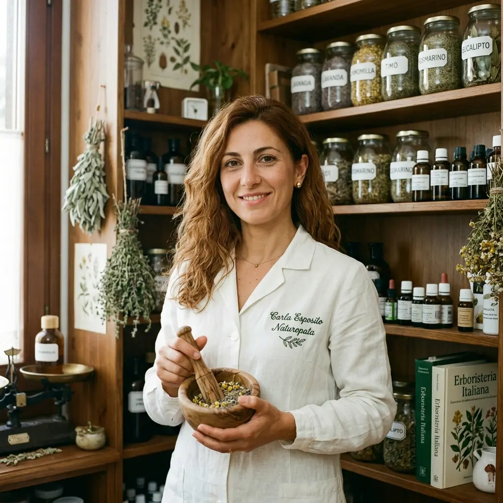 A woman in a white coat smiles while grinding herbs with a mortar and pestle in an apothecary.