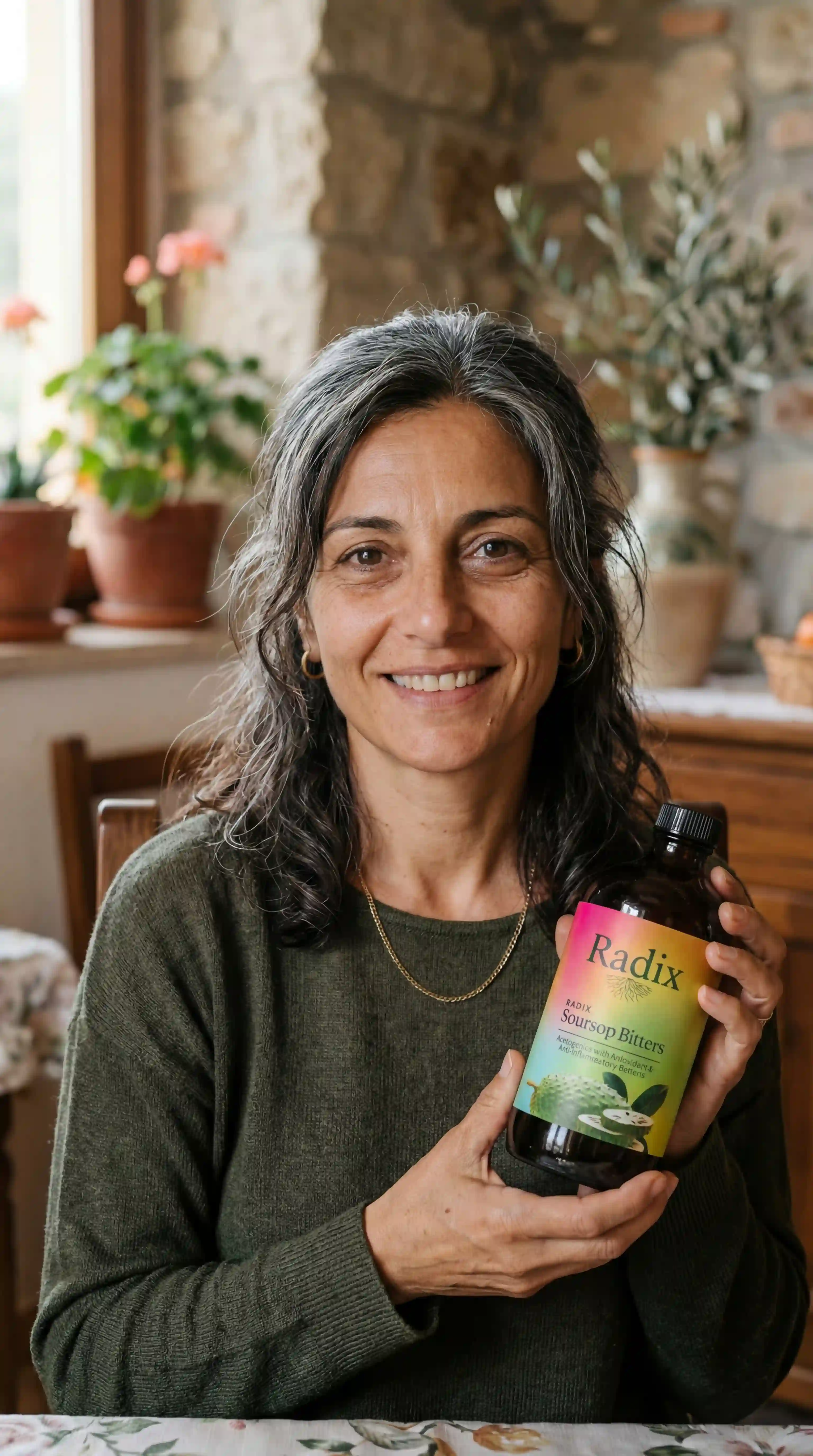 A smiling woman with long, graying hair holds a bottle of Radix Soursop Bitters.