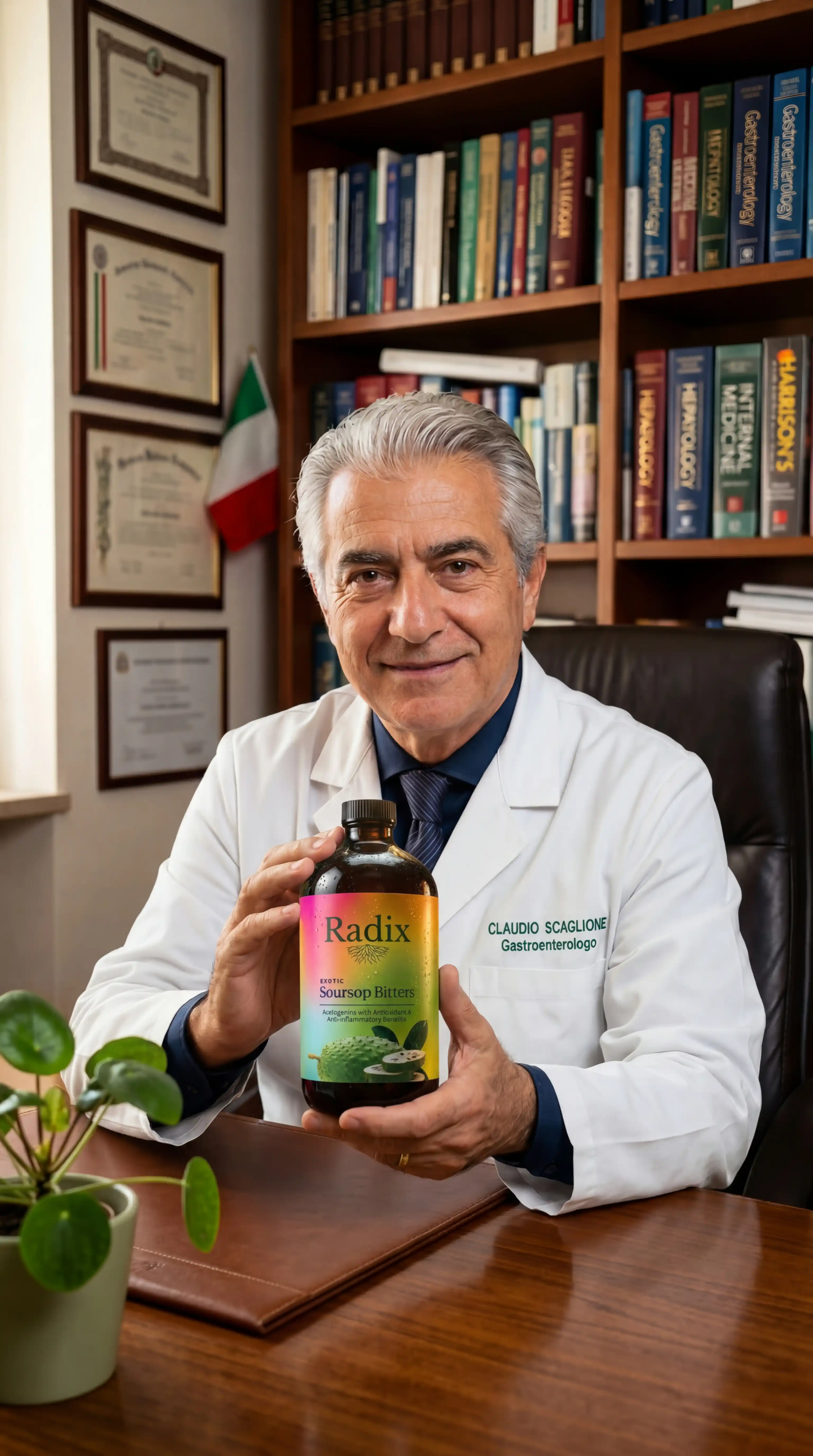 A doctor in a white coat sits at his desk holding a bottle of Radix Soursop Bitters.