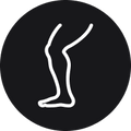 A white line-art icon of a leg, from thigh to foot, on a black circular background.