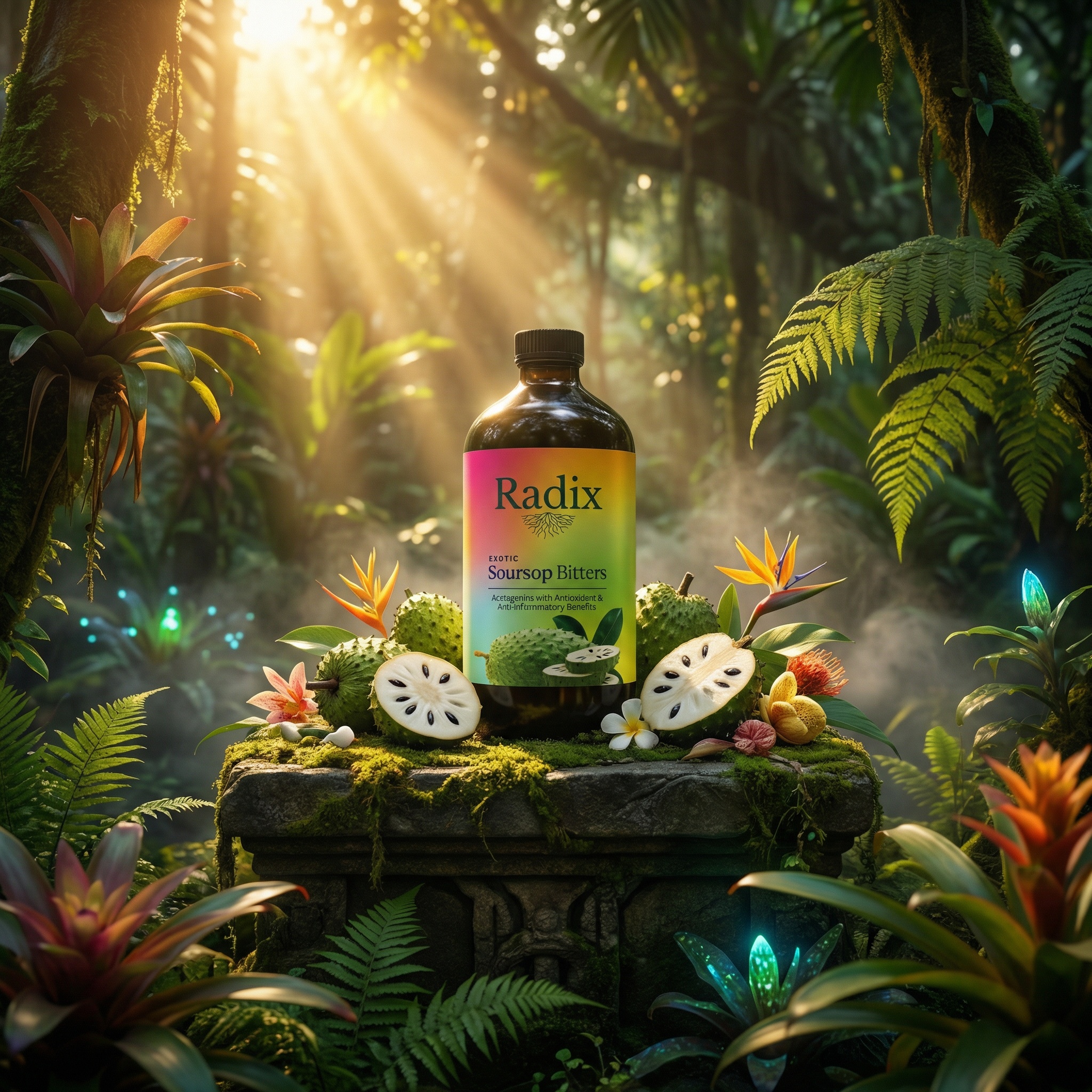 A bottle of Radix Soursop Bitters on a mossy stone pedestal in a sunlit jungle.