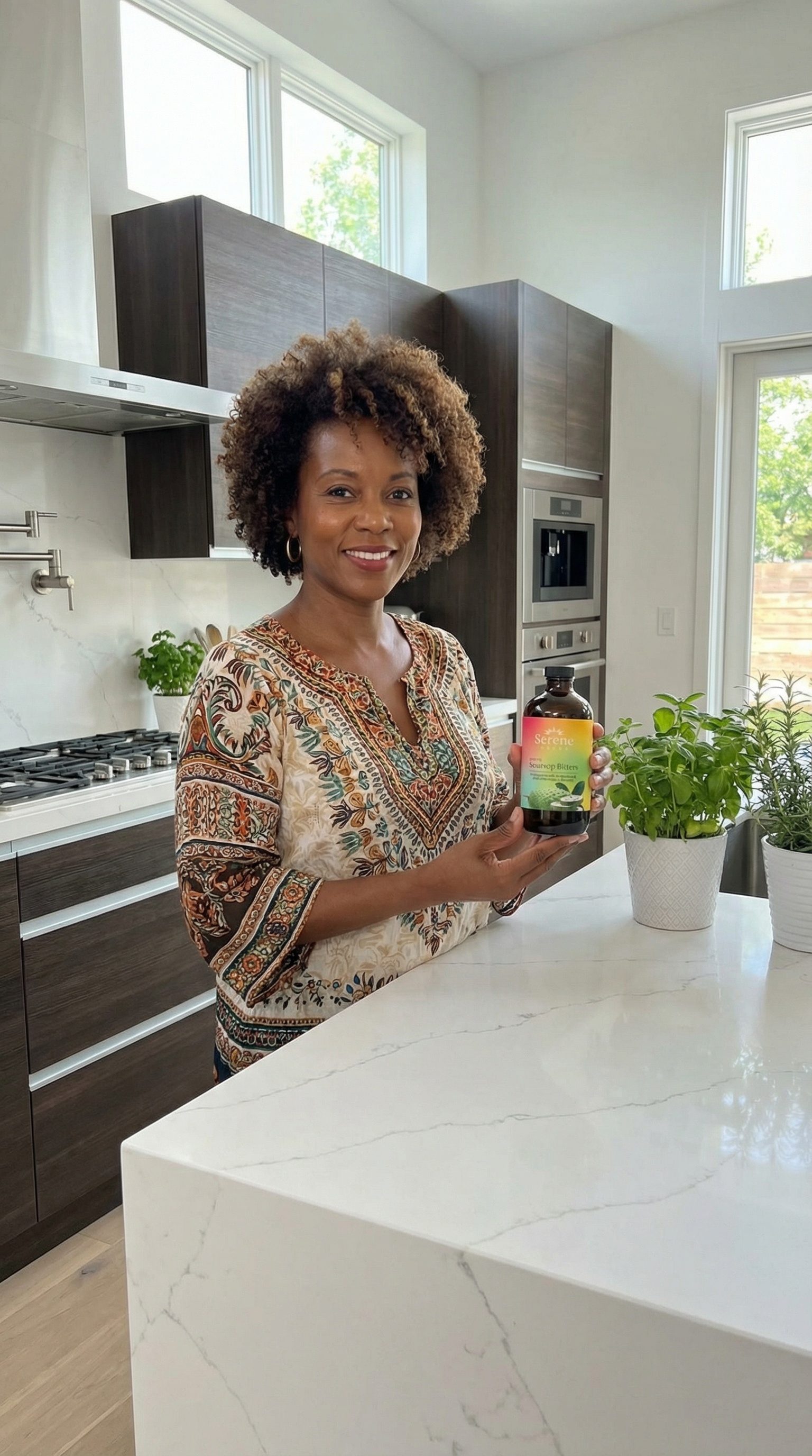 A woman with an afro hairstyle stands in a kitchen holding a bottle labeled 'Serene Soursop Bitters'.