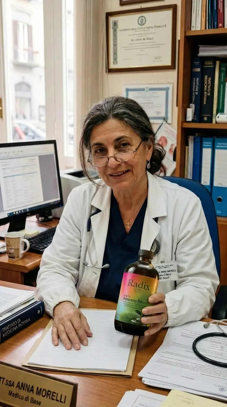 A female doctor in a white coat sits at her desk, smiling and holding a bottle of Radix.