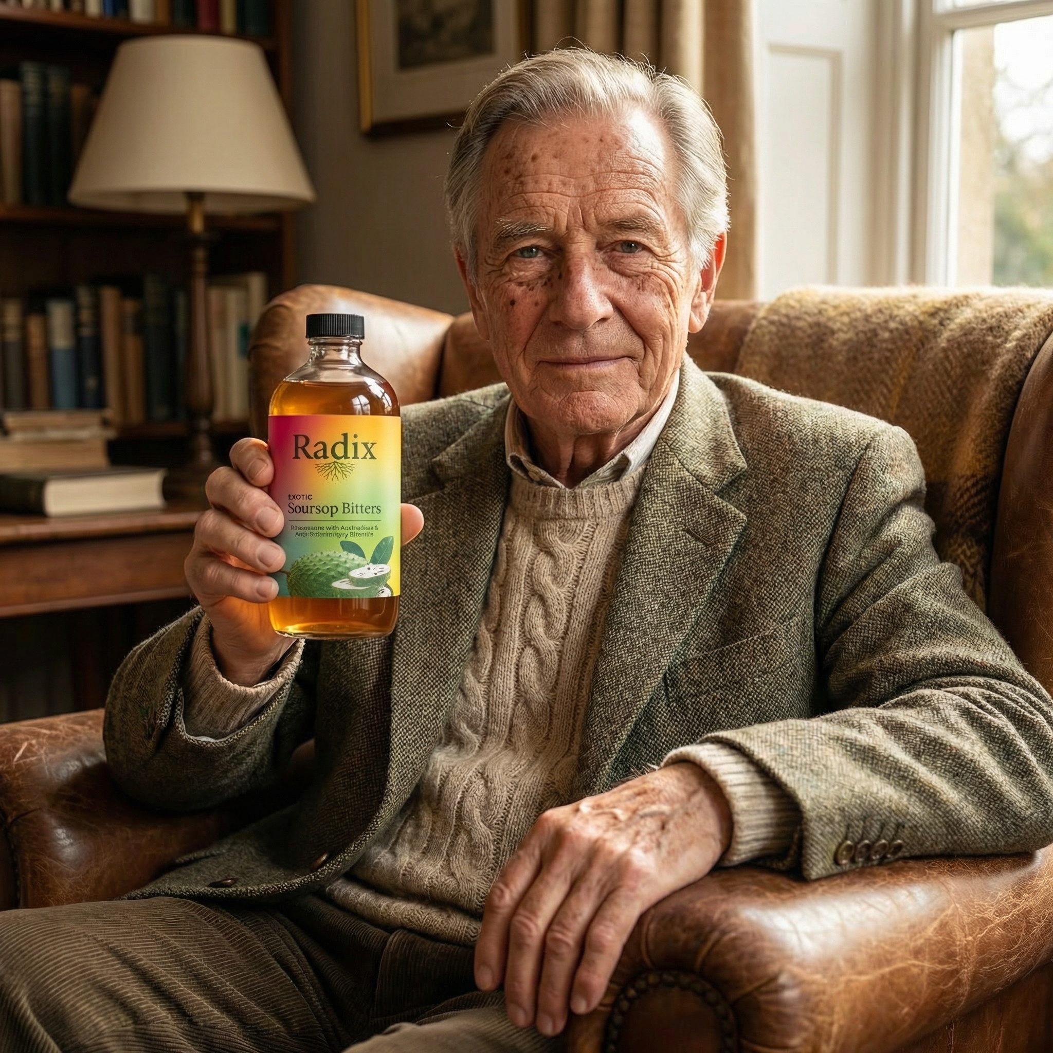 An elderly man sits in a leather armchair holding a bottle of Radix Exotic Soursop Bitters.
