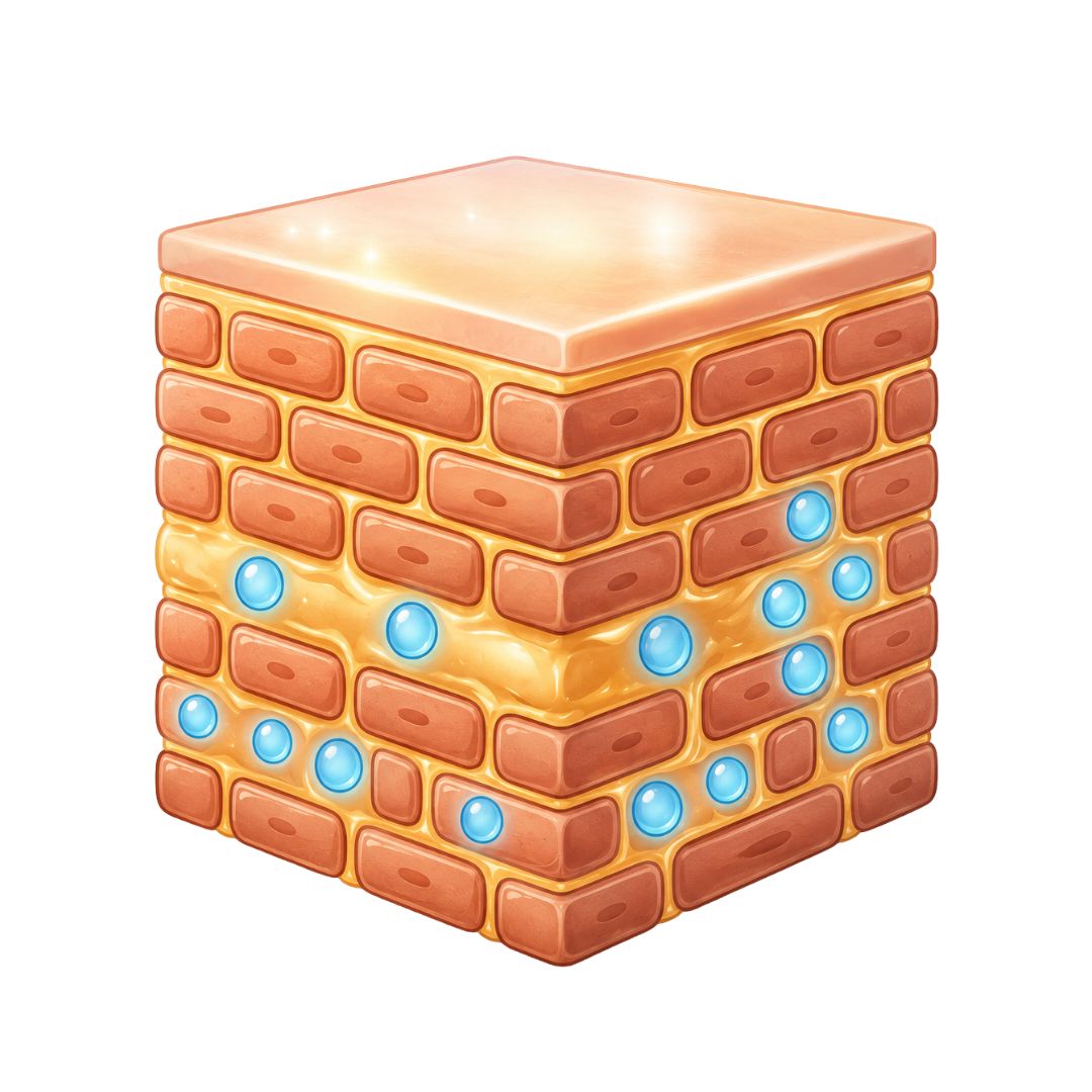 A stylized cross-section of skin layers with blue moisture droplets trapped between the cells.
