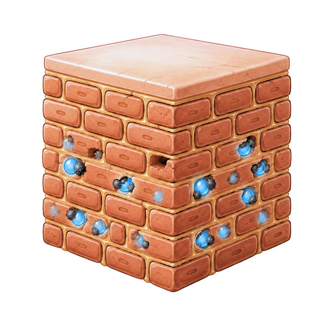 An illustration of a cross-section of a damaged skin barrier structured like a brick wall.