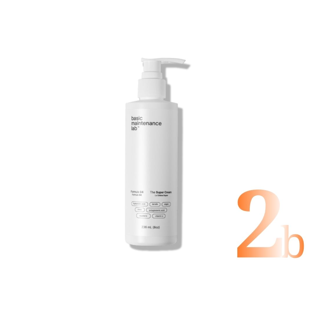 A white pump bottle of Basic Maintenance Lab's The Super Cream against a white background.