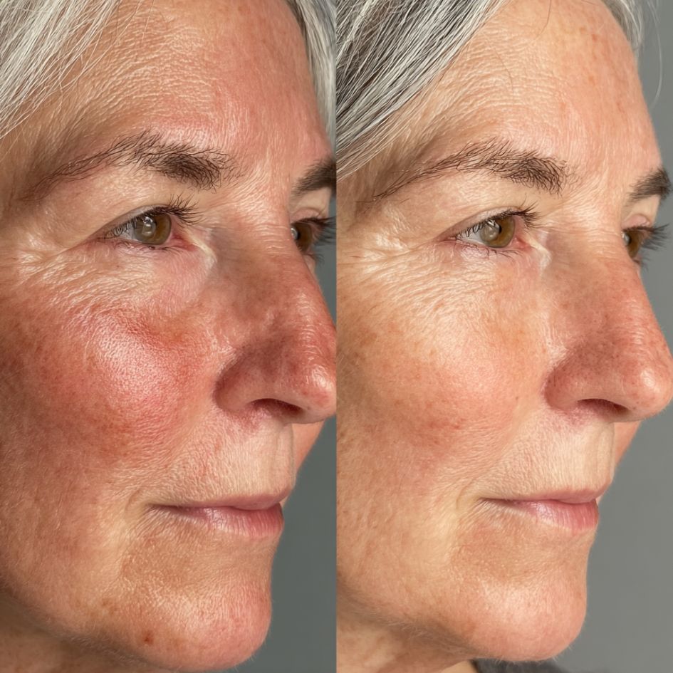 A before and after, side-by-side comparison of a woman's face showing a reduction in skin redness.