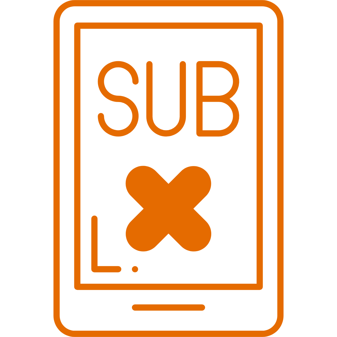 An orange icon of a mobile device with the text SUB and a large X on the screen.