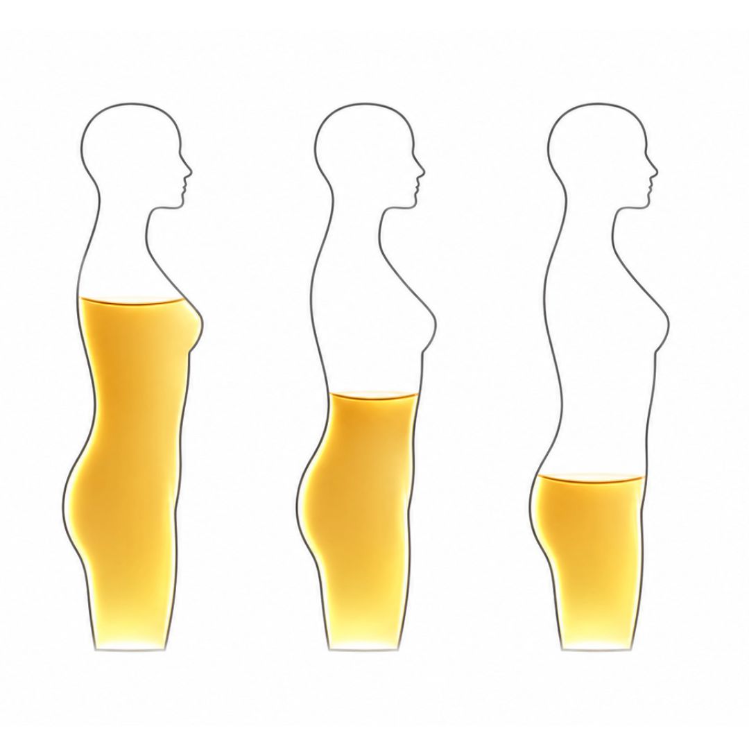 Three outlines of a woman's torso, filled with yellow liquid at decreasing levels from left to right.