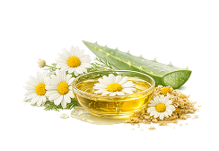 A small glass bowl of oil surrounded by chamomile flowers, an aloe vera leaf, and crumbled herbs.
