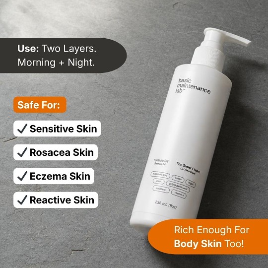 A white pump bottle of Basic Maintenance Lab's The Super Cream with informational text about its use.