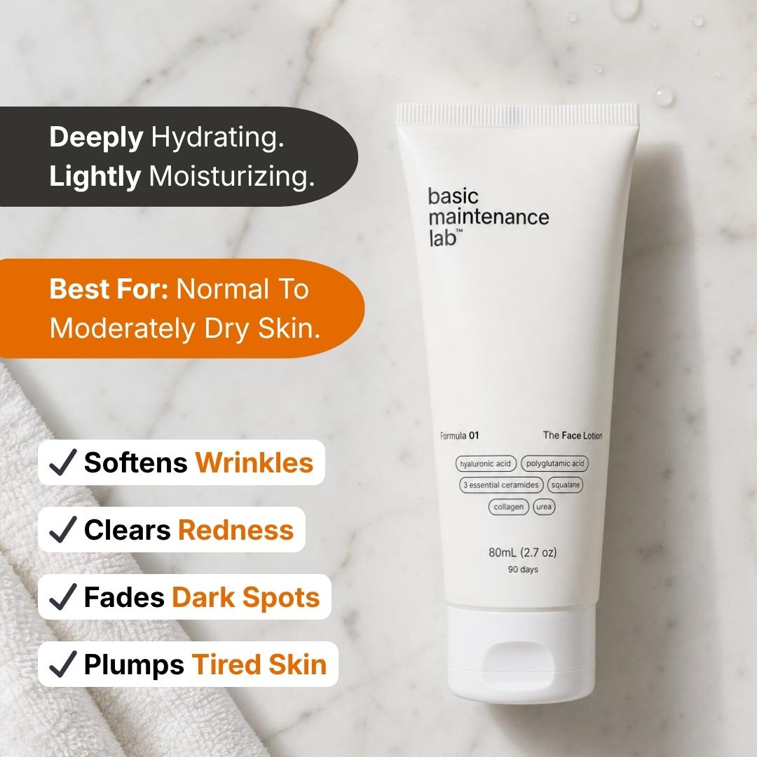 A white tube of Basic Maintenance Lab face lotion with text overlays listing its skincare benefits.