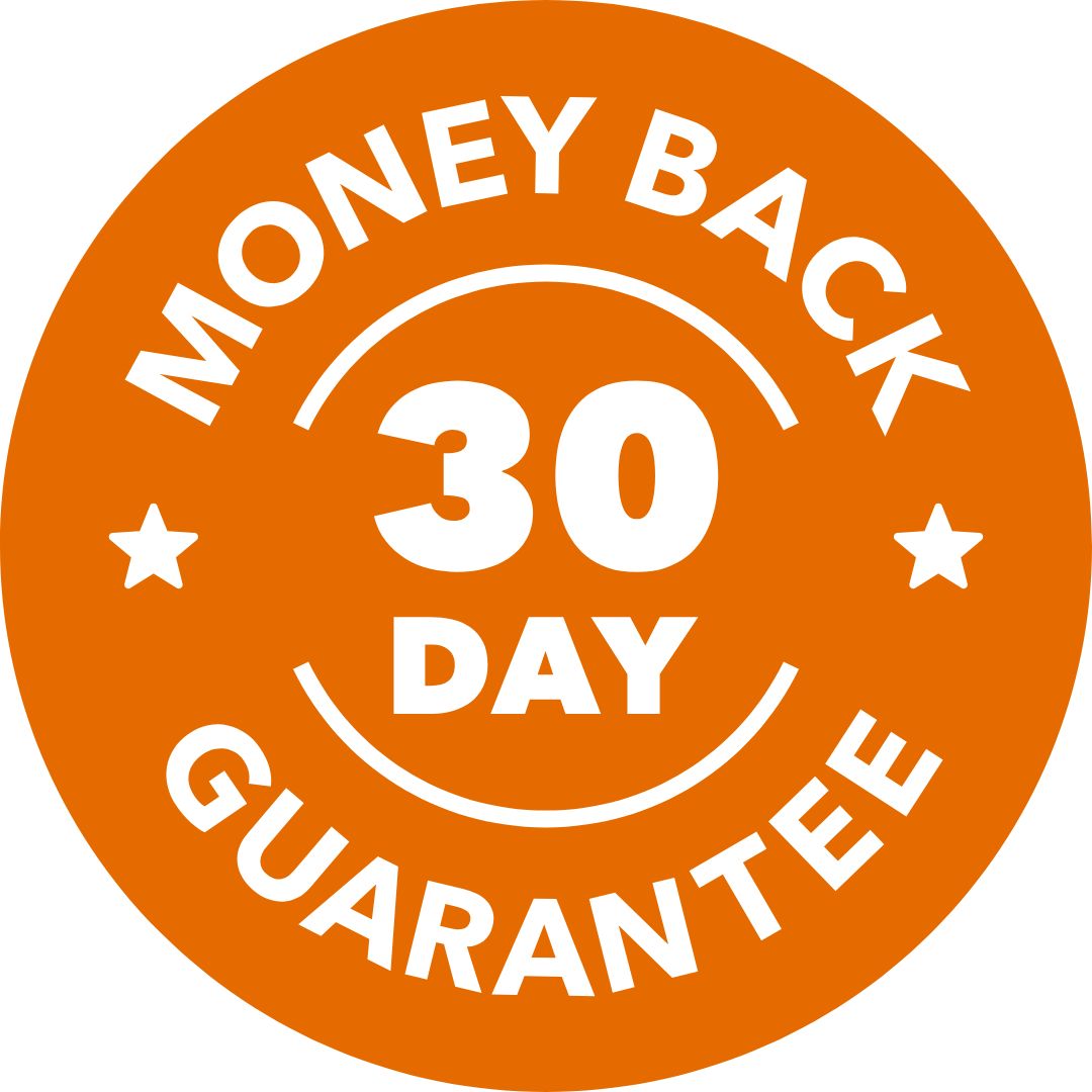 An orange circular seal with white text reading 'Money Back 30 Day Guarantee'.