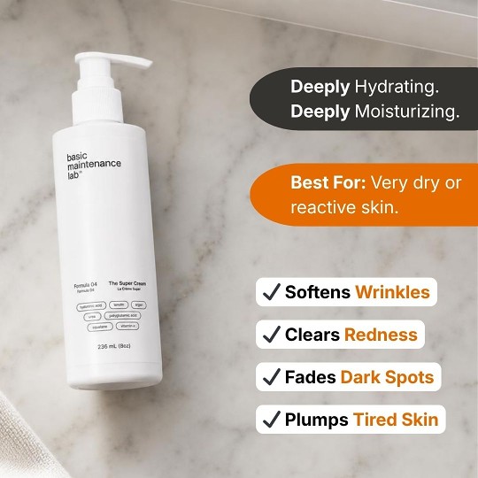 A white pump bottle of Basic Maintenance Lab's The Super Cream next to text listing its skincare benefits.