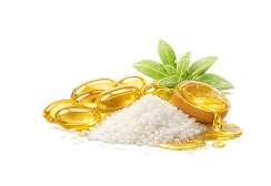 Golden gel capsules, a pile of white crystals, and a sprig of green leaves with spilled golden oil.