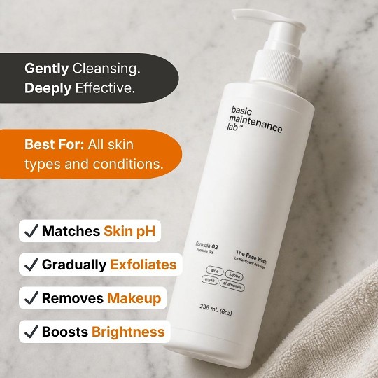 A white pump bottle of Basic Maintenance Lab face wash with text overlays describing product benefits.