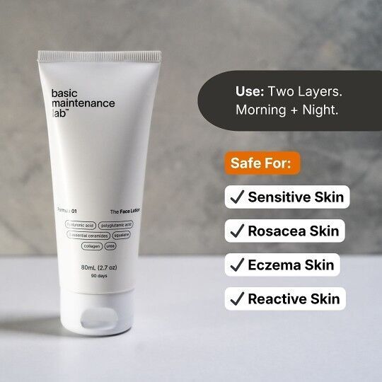 A white tube of Basic Maintenance Lab face lotion with text describing its use and skin-safe benefits.