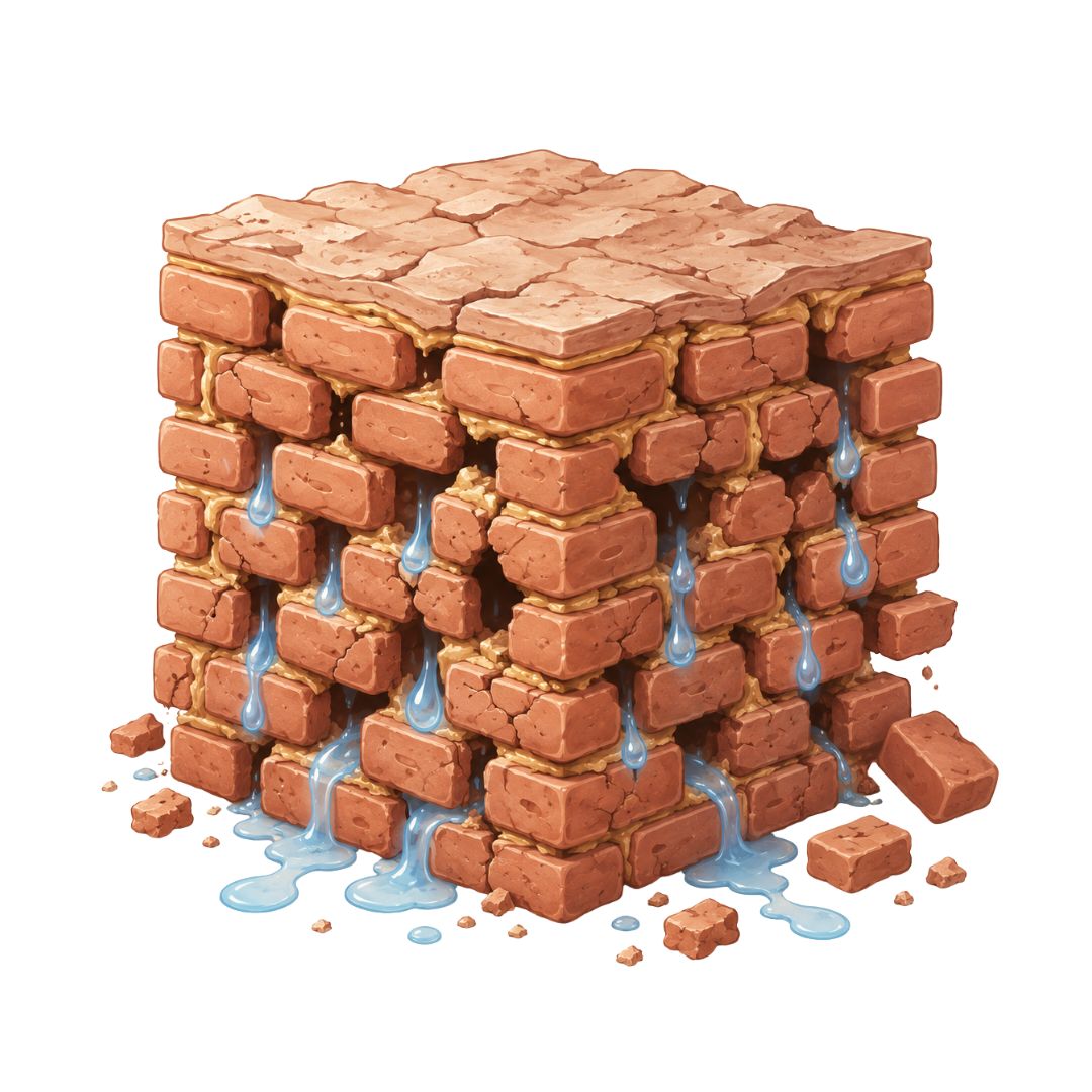An isometric illustration of a cube of loosely stacked bricks with water leaking out.