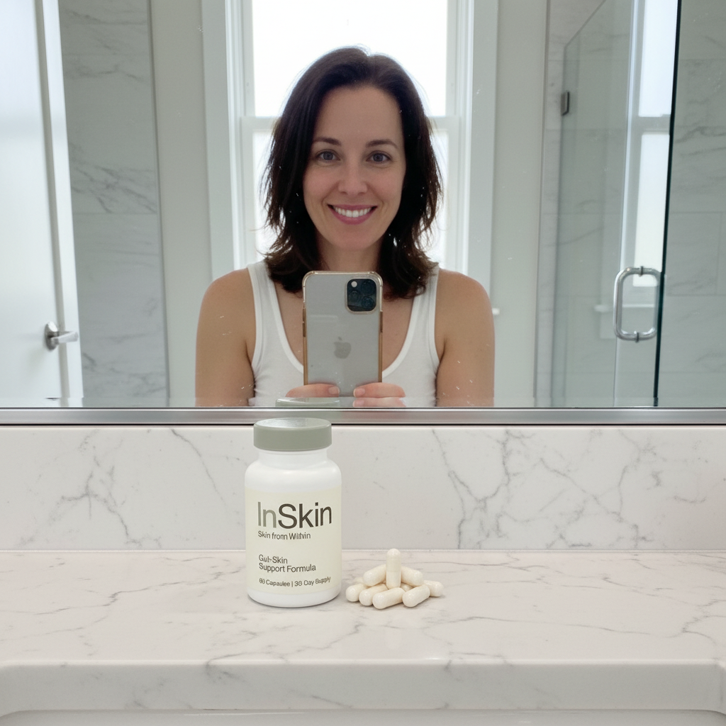 A woman takes a mirror selfie with a bottle of InSkin supplements on the bathroom counter.