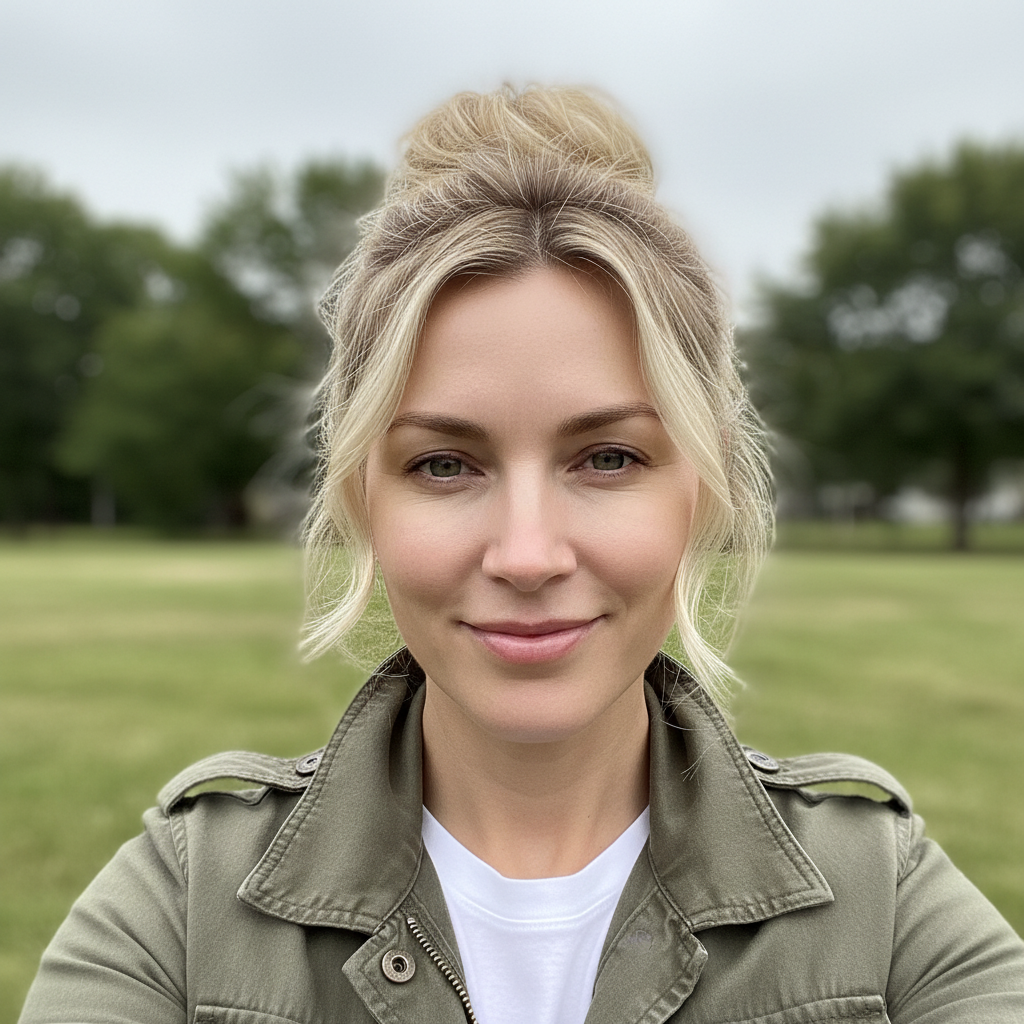 A woman with blonde hair in a bun, wearing a green jacket, smiles while standing in a park.