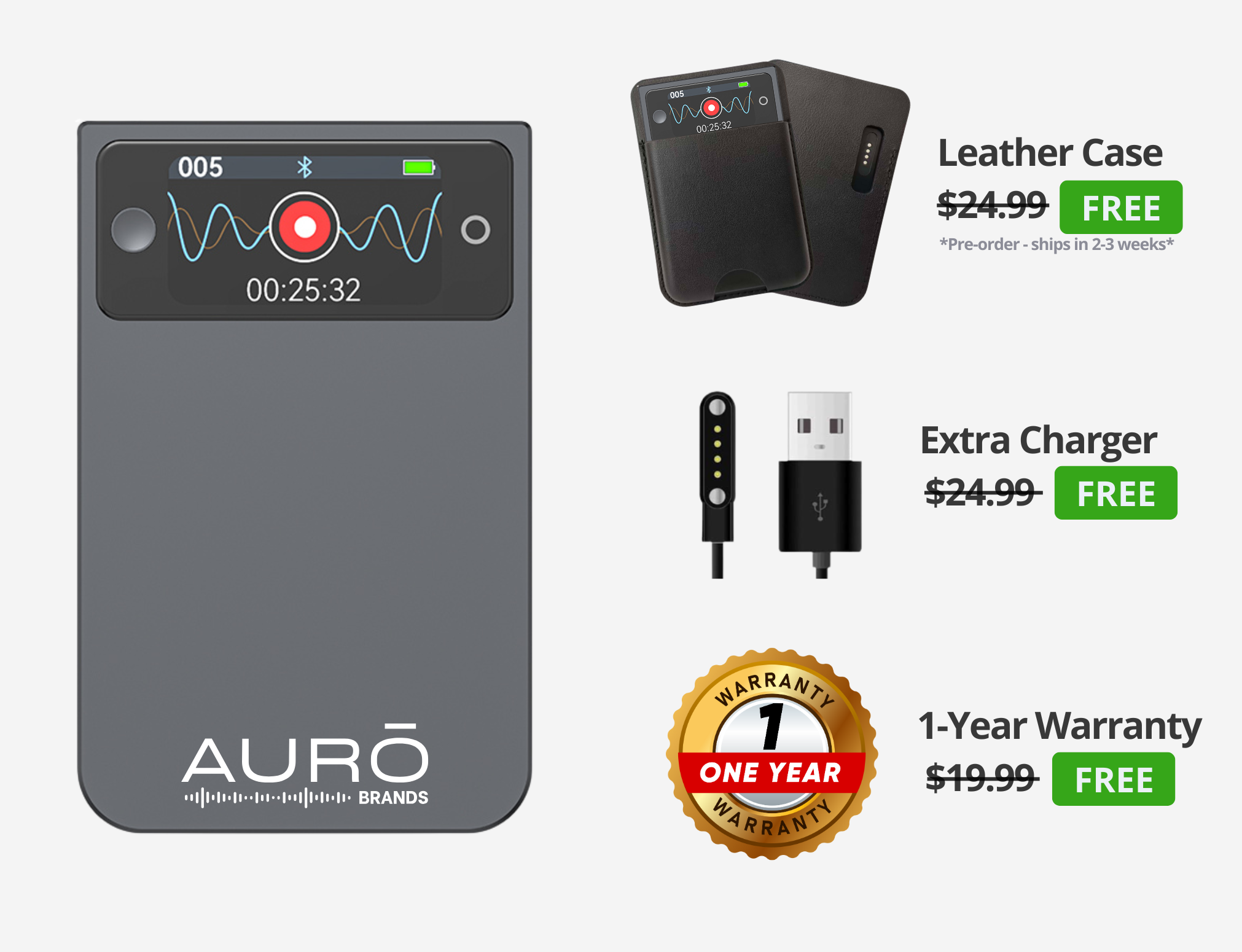 An Aurō Brands audio device shown with promotional free accessories: a case, charger, and one-year warranty.