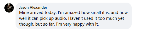A testimonial from Jason Alexander praising a product's small size and how well it picks up audio.