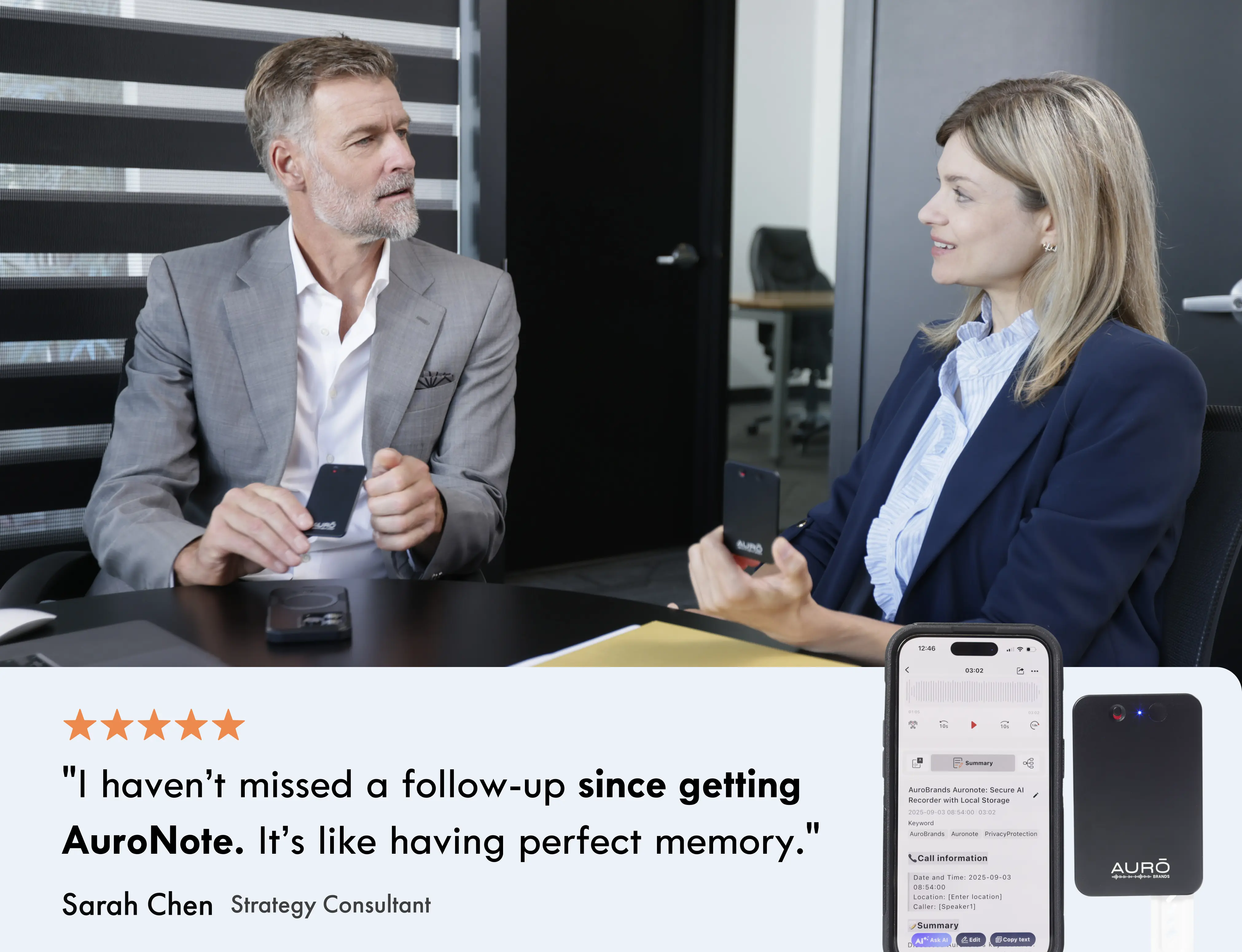 Two people sitting at a table holding recording devices, with a testimonial and product image displayed.