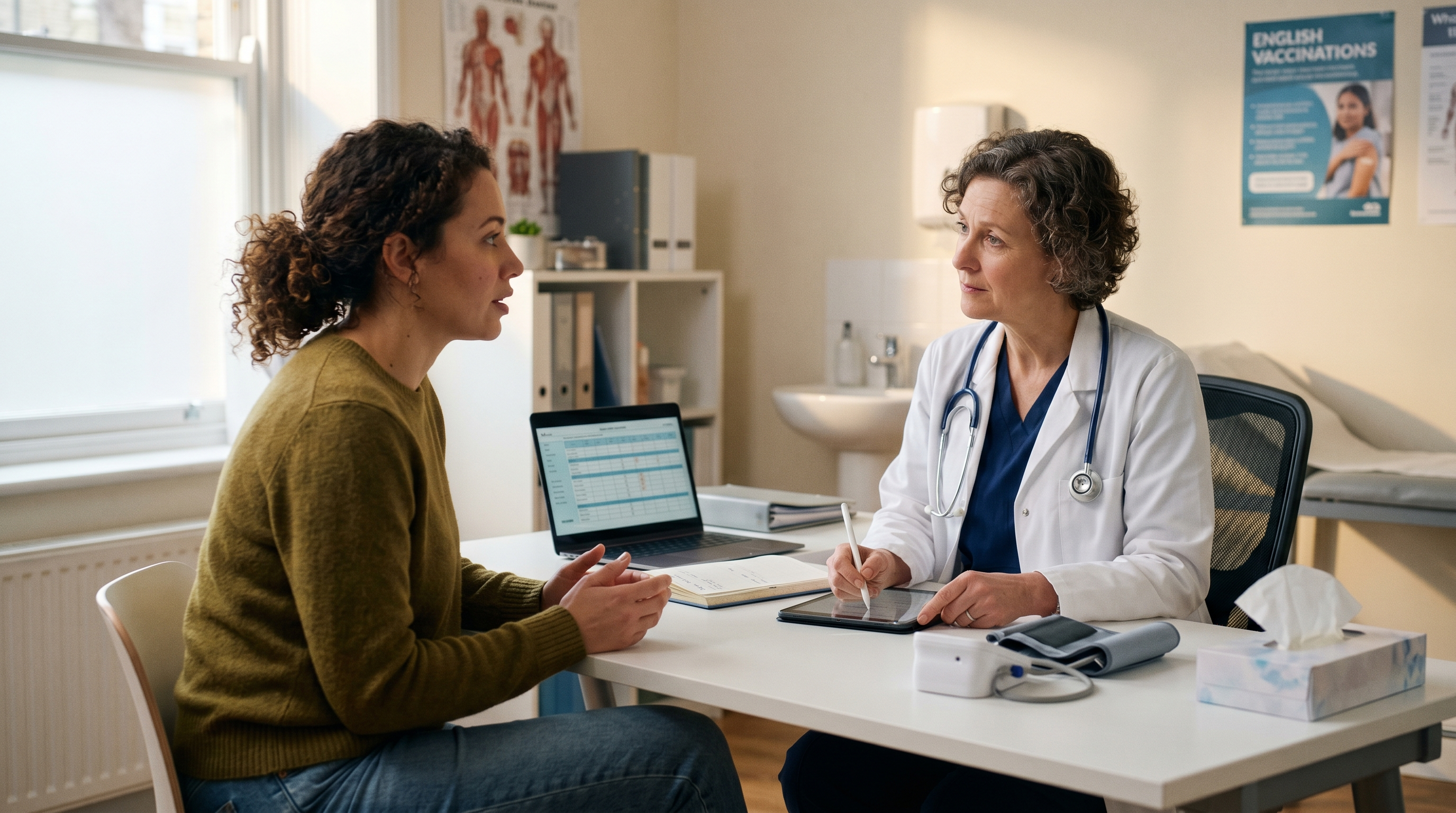 A female doctor in a white coat consults with a female patient in her office.