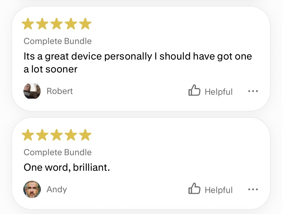 A screenshot showing two five-star customer reviews for a product called 'Complete Bundle'.