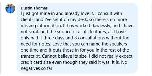 A screenshot of a positive customer review from Dustin Thomas.