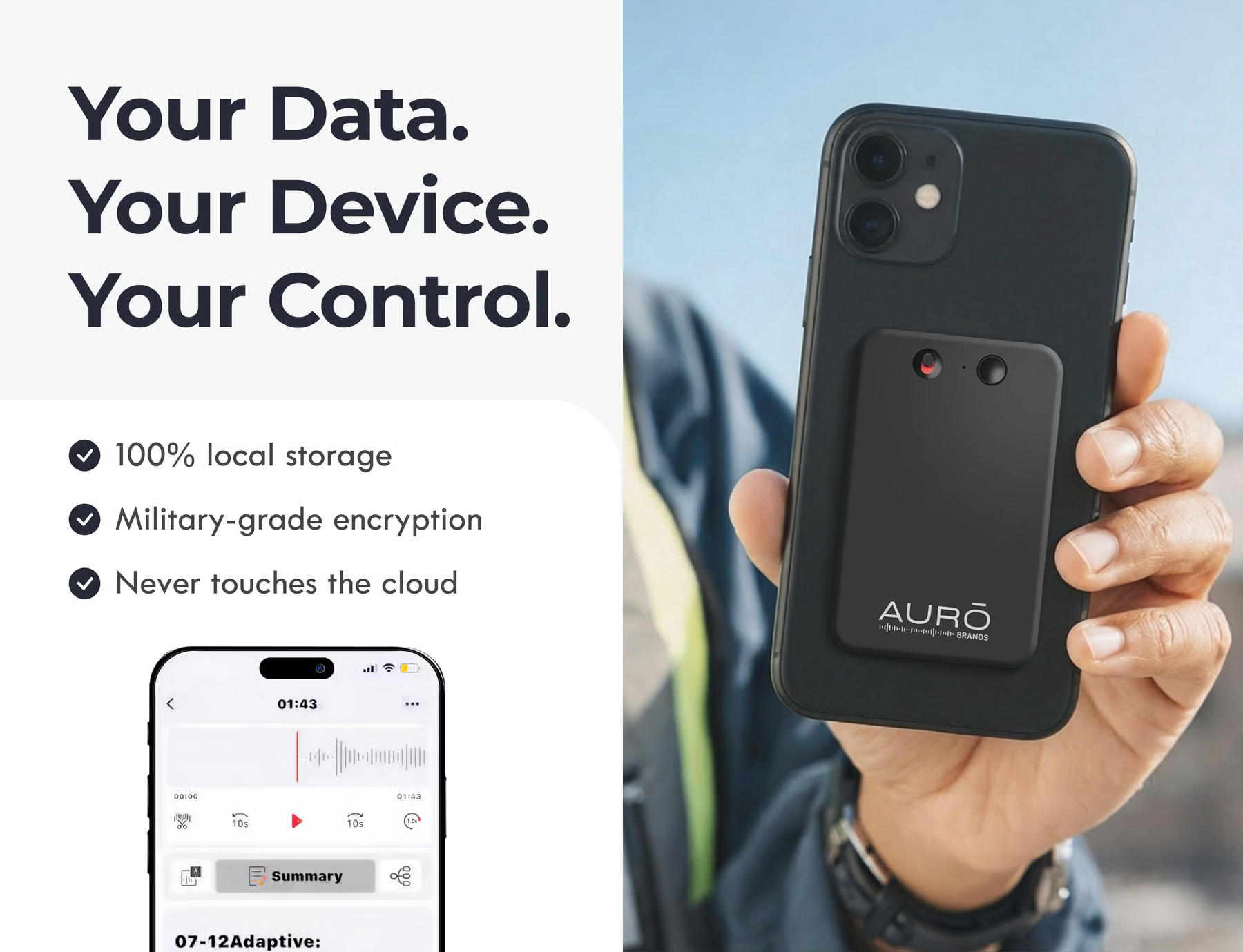 A hand holds a phone with an AURŌ device attached, next to text about data security features.