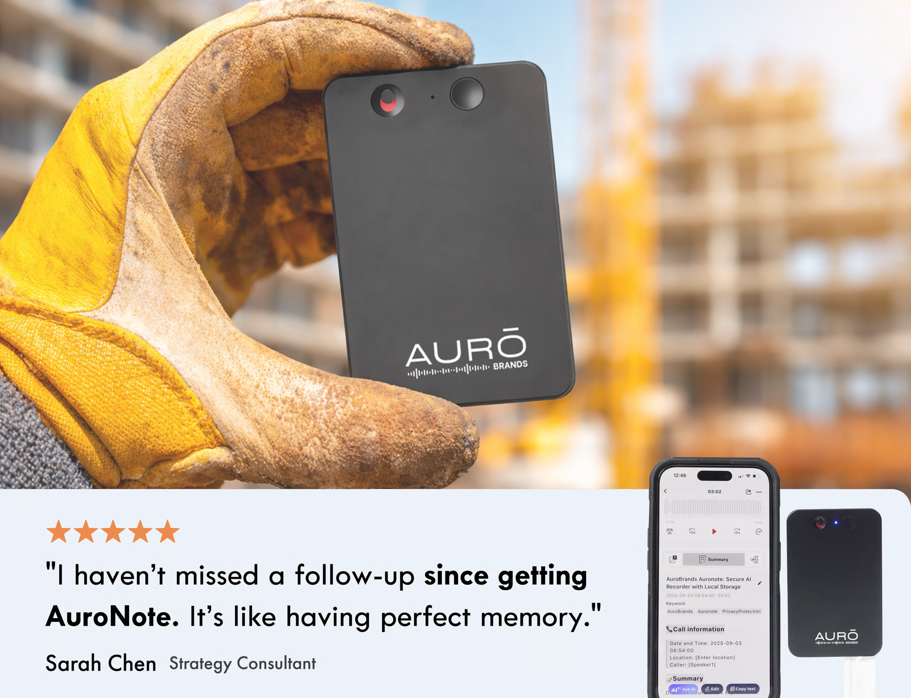 An advertisement for the AuroNote device, showing it held in a gloved hand and a customer testimonial below.