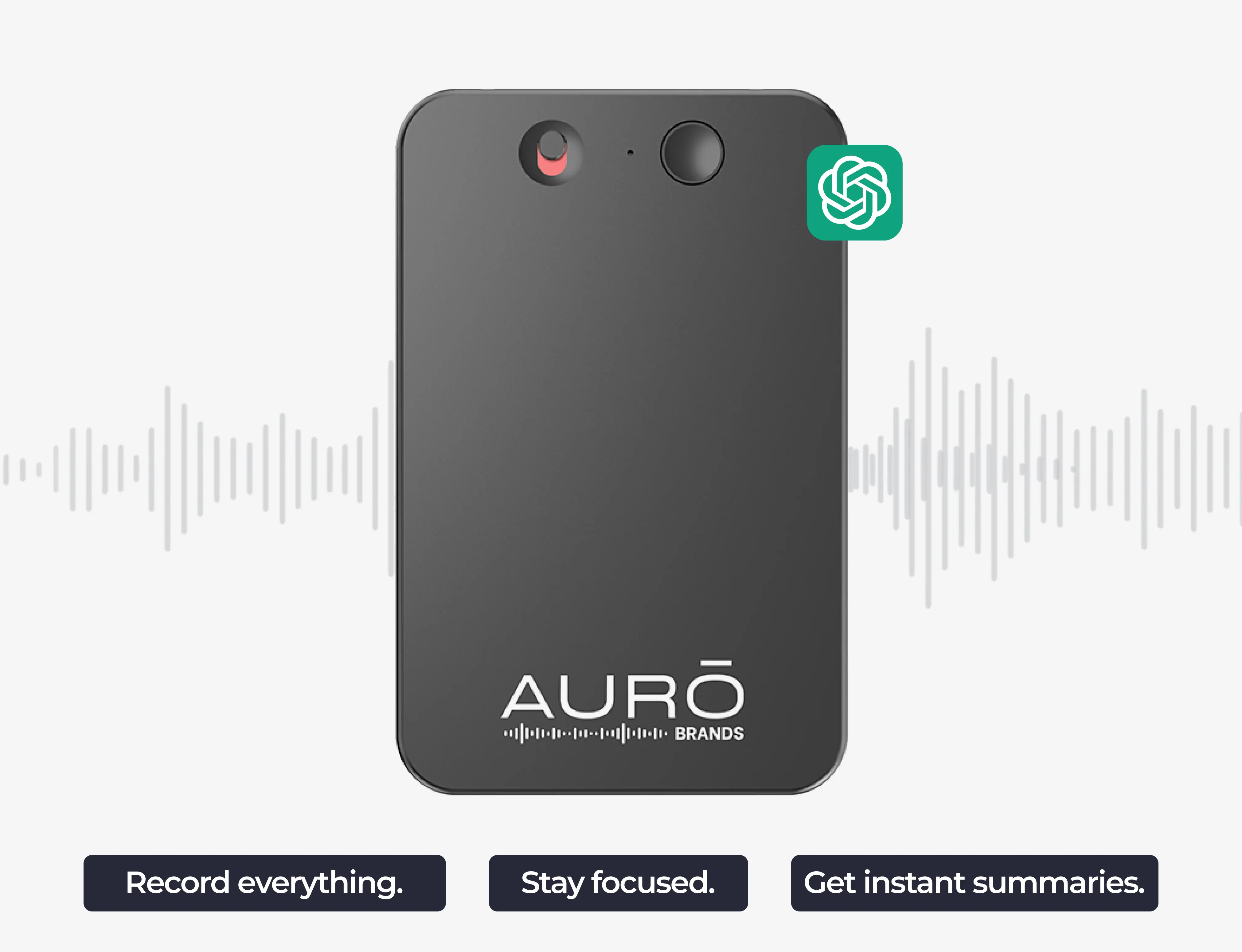A black device with two buttons and 'AURŌ' branding, audio wave pattern in background.