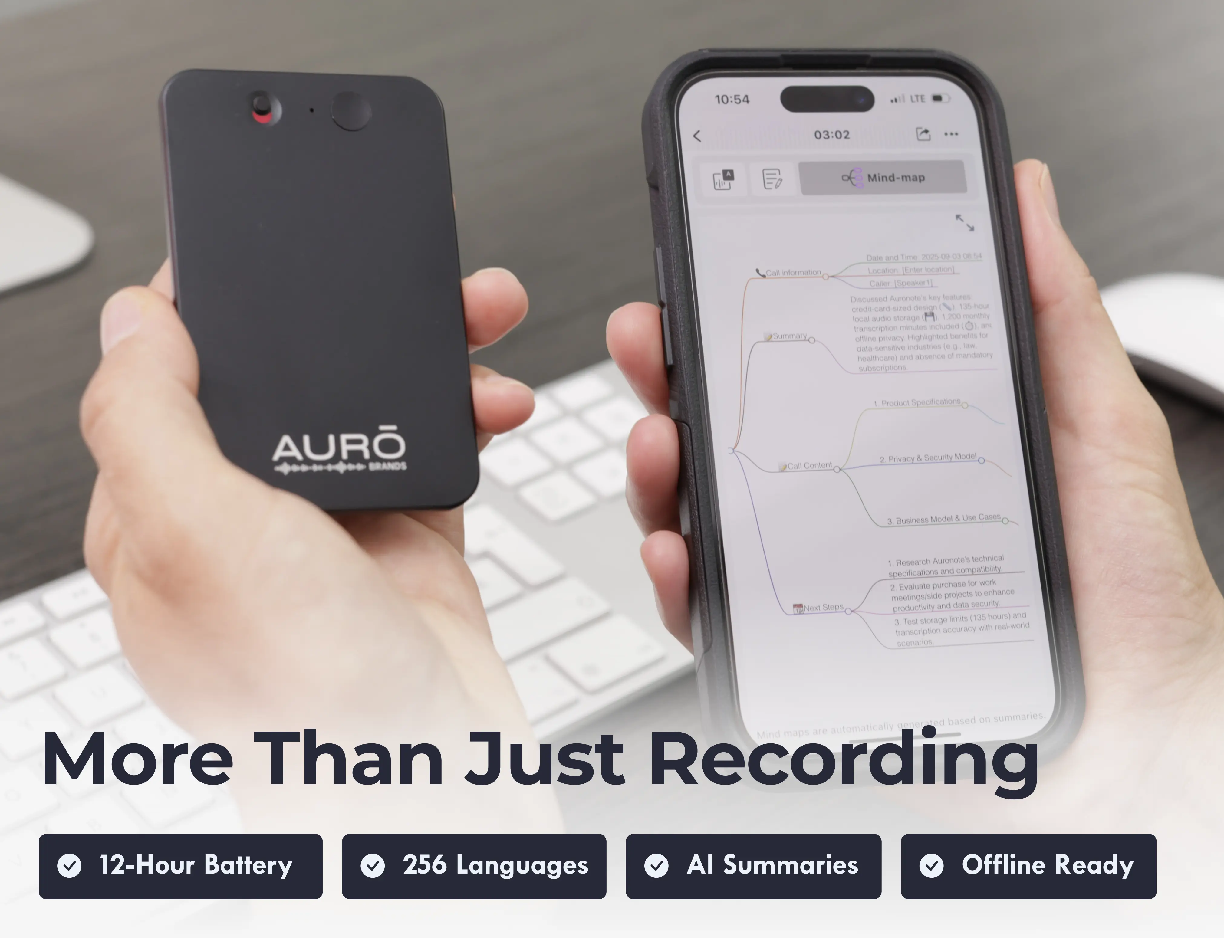 Hands holding a smartphone with a mind map and a black device labeled 'AURO'. Keyboard in background.