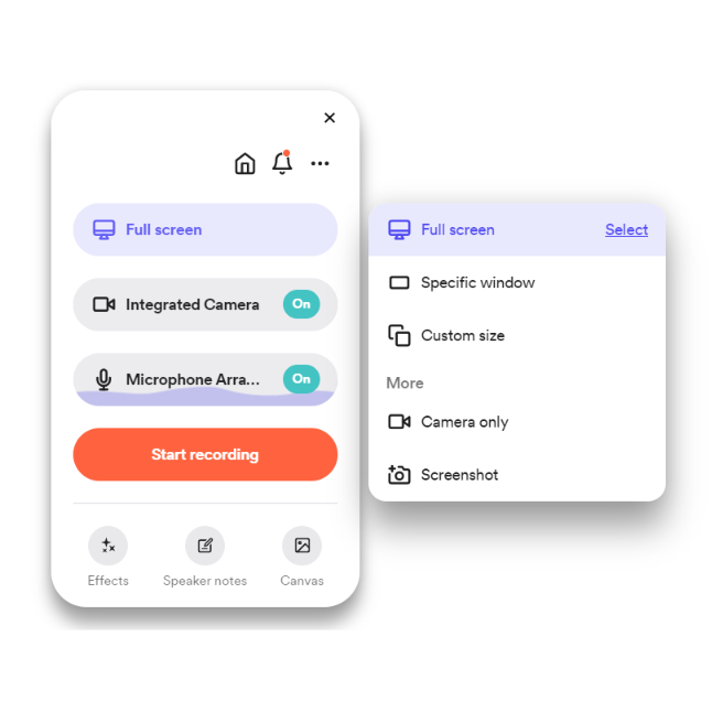 Screen recording interface with camera and microphone options.