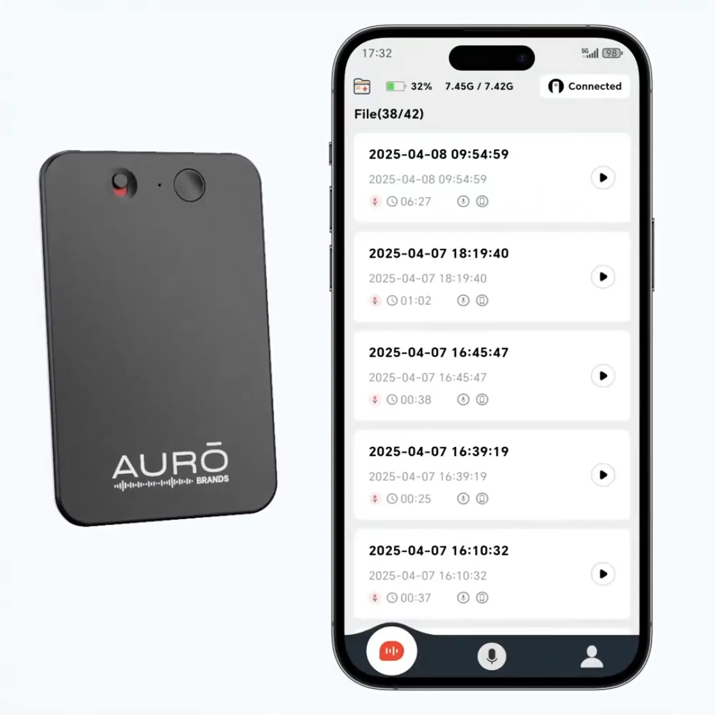 Black device and smartphone displaying audio recordings list.