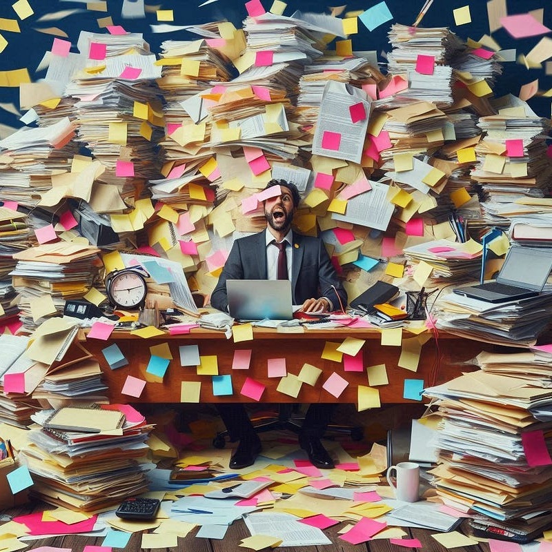 Man overwhelmed by paperwork and sticky notes in a cluttered office.