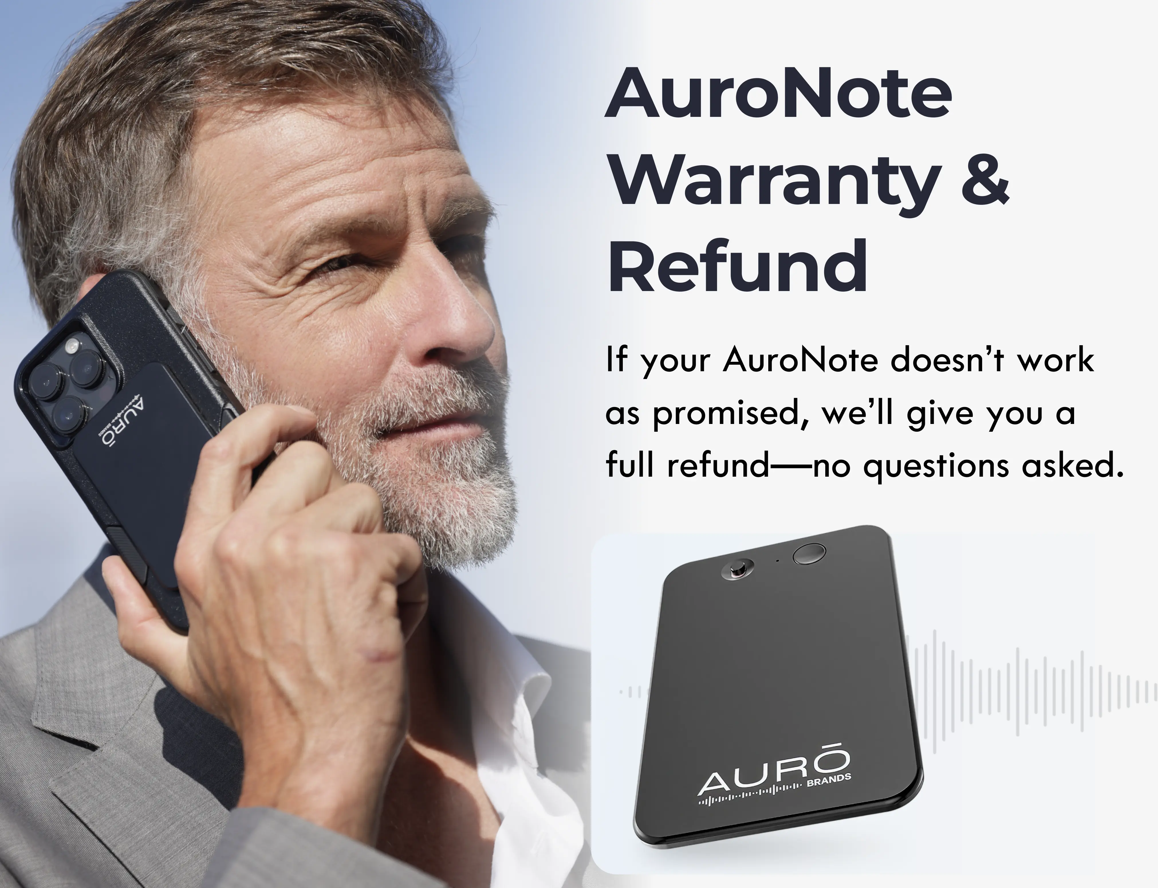 Man holding a smartphone, with AuroNote warranty text beside him.