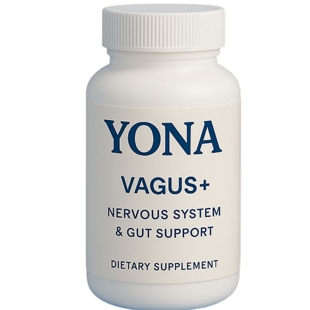 White bottle labeled 'Yona Vagus+ Nervous System & Gut Support Dietary Supplement.'